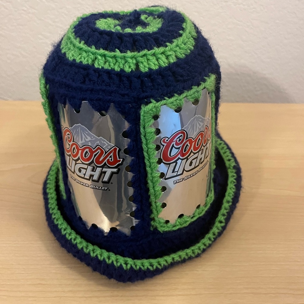 Handmade Coors Light Beer Can Crochet Hat, in Seattle Seahawks colors